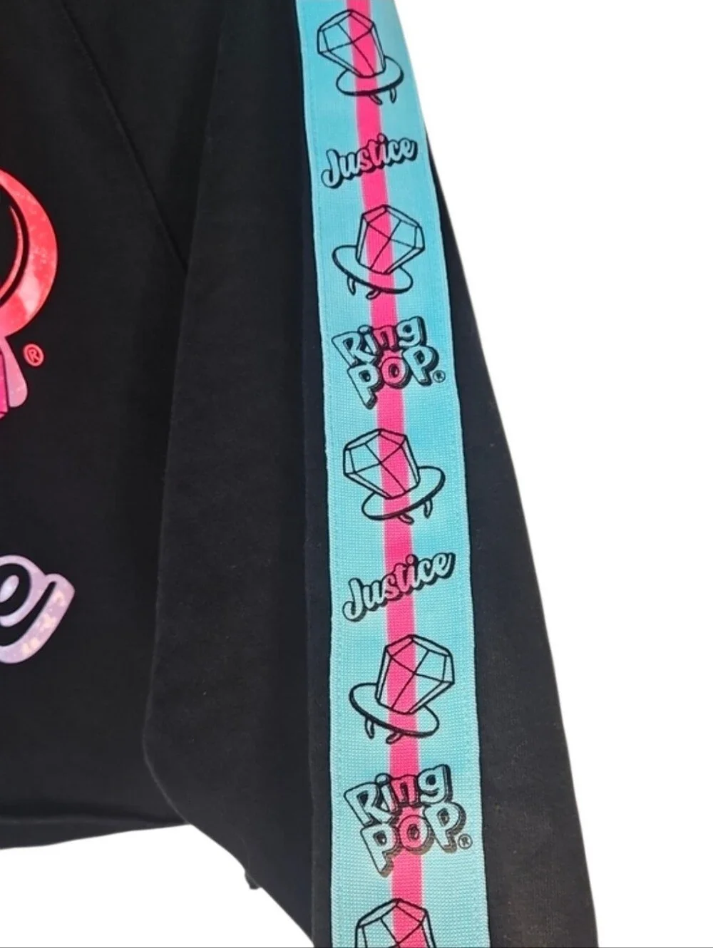 Girl's Ring Pop Justice Cropped Hoodie Sweatshirt Black Logo Long Sleeves Candy